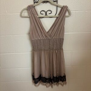 Tan and black sparkly chiffon Pinky minidress with V-neck and ruched bodice